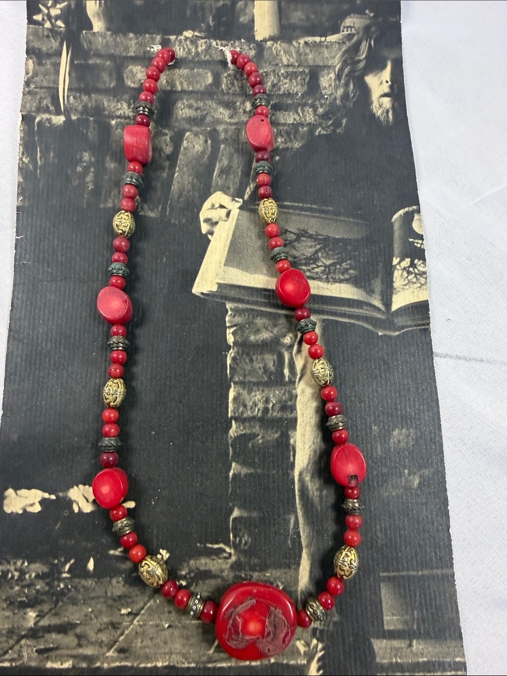 Red Beaded Statement Necklace - Art Deco Bohemian handmade